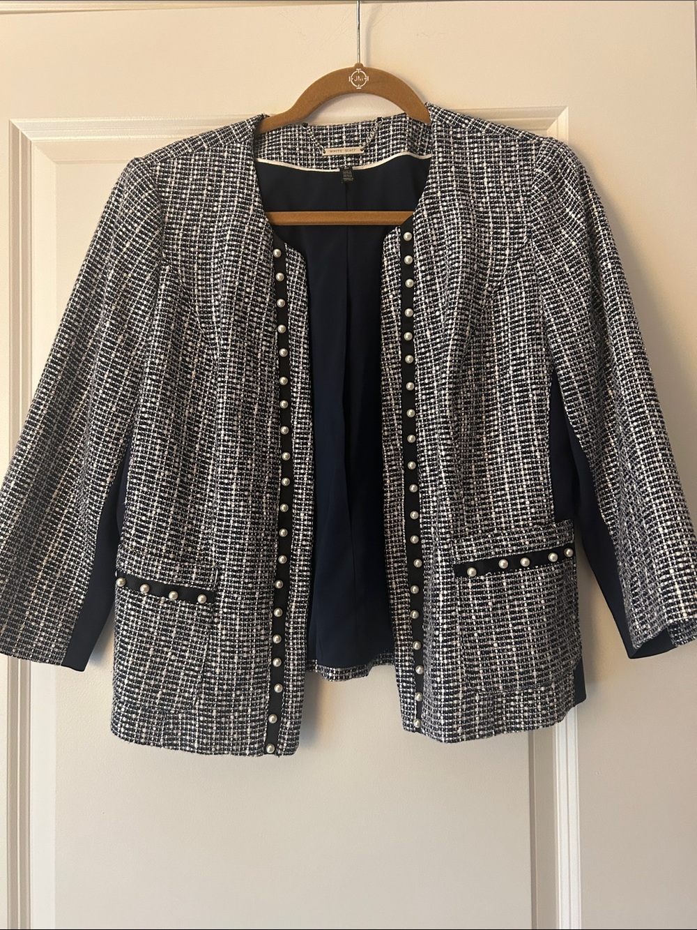 White House Black Market Navy and White Pearl-Trim Tweed Jacket